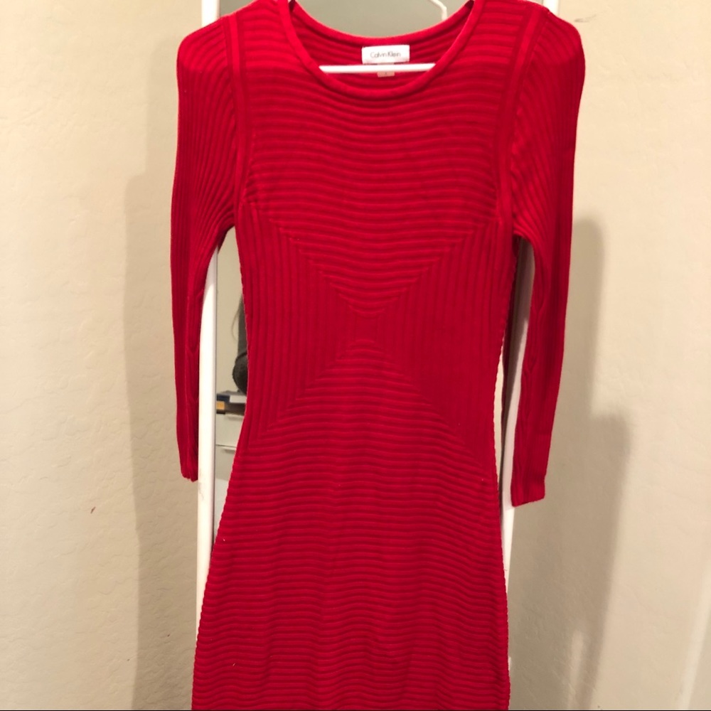 Calvin Klein Red Ribbed Midi Sweater Dress Small